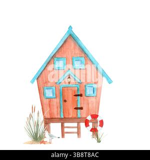 Holzdiele Hütte, Rettungsrute, Möwe isoliert auf weißem Hintergrund. Hochwertige minimale Architektur Aquarellillustration perfekt für Karten, Dekor Stockfoto