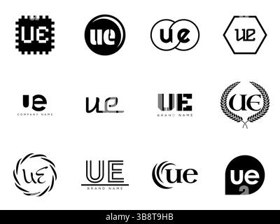 Firmenvorlage mit UE-Logo. Buchstaben u und e Logo. Setzen Sie mit Designelementen verschiedene klassische Serifenschriftarten und modernen, auffälligen Text. Anfängliche Schriftart Stock Vektor