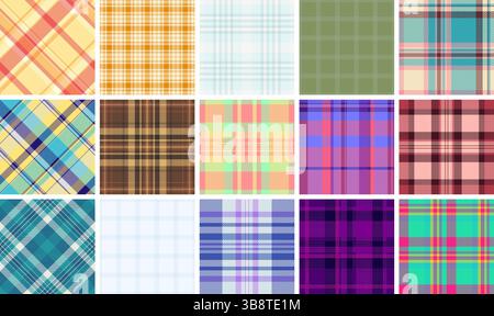 Lebendige Kollektion mit 16 einzigartigen Karomustern. Perfekt für Textildesign, Mode, Web-Hintergründe und Scrapbooking. Vielfältige Farbpaletten bieten Stock Vektor