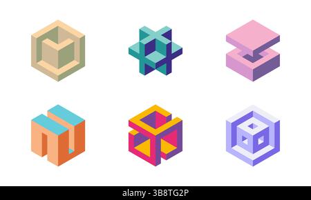 Sammlung von sechs lebendigen, isometrischen 3D-Cube-Designs. Perfekt für Branding, App-Symbole, Webdesign oder abstrakte geometrische Illustrationen. Stock Vektor