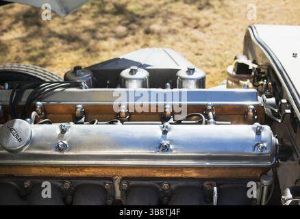 Jaguar Motor im Jaguar E-TYPE 4,2 Coupé. Motorteile für Oldtimer-Sportwagen mit Zylinderblock. Britischer Sportwagen, der zwischen 1961 und 1974 hergestellt wurde. Wählen Sie Aus Stockfoto