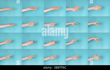 Gesten weiblicher Hände auf blauem Hintergrund. Satz weiblicher Hände mit Gesten isoliert auf Blau. Hallo, hab-fünf und andere Symbole Stockfoto