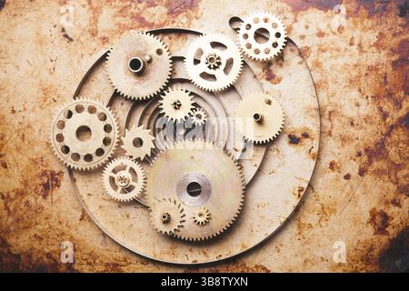 Steampunk-Hintergrund von mechanischen Uhren Details über alte Metall Hintergrund. Im Inneren der Uhr, Zahnräder Stockfoto