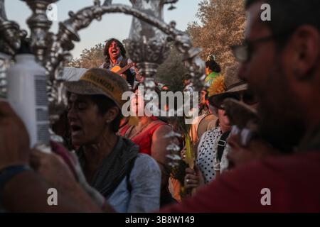 21. Mai 2015, El Rocio, Huelva, Spanien: Jedes Jahr versammeln sich die Gläubigen zur Pilgerfahrt nach El Rocio von Sanlucar de Barrameda zum Dorf El Rocio durch den Nationalpark DoÃ±ana (Foto: © Baciu Cristian/ZUMA Press Wire) Stockfoto