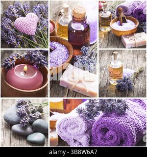 Lavendel Spa - ätherisches Öl, Seasalt, violette Handtücher und handgemachte Seife Stockfoto