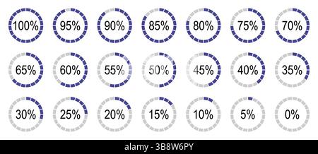 Runddiagramme für Infografiken von 0 bis 100 Prozent. Prozentsatz der Infografik-Elemente. Anzeigesymbole in lilafarbener, grauer Farbe füllen geteilte Tortendiagramme Stock Vektor