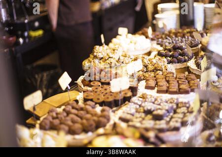 Pralinen-Schaukasten im store Stockfoto