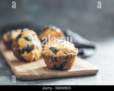 Hausgemachte vegane Heidelbeer-Muffins auf dunklem Hintergrund. Platz für Text oder Design kopieren Stockfoto
