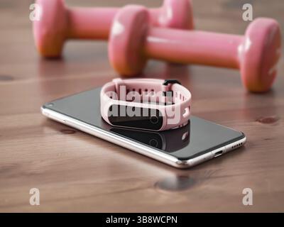 Fitness-Tracker auf Smartphone und rosa gefärbte Dumb-Glocke auf Holz-Tischplatte. Rosa weibliche Schrittzähler oder tragbares Gerät auf Smartphone mit Infinity disp Stockfoto