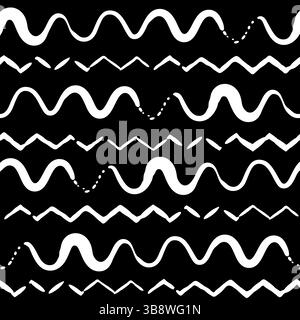 Schwarz-weißer Wackelpinsel streichelt horizontale Streifen. Hintergrund des Vektormusters. Nautisches Thema. Gestreifte Wellen im Tribal-Look, wackelige Linien Stock Vektor