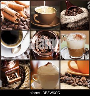 Kaffee, Cappuccino, Latte und geröstete Bohnen. Kaffeekonzept Stockfoto