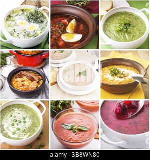 Suppencollage von neun Fotos verschiedener Suppen Stockfoto