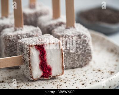 Hausgemachte raw lamington Eis springt auf hellen Hintergrund. Australische süße Nachspeise lamington mit Chia und Himbeeren Marmelade, Schokolade und Kakao. Stockfoto
