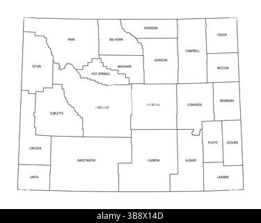 Bundesstaat Wyoming, unterteilt in 23 Countys, Umrisskarte. Bundesstaat in der Region Mountain West der Vereinigten Staaten, auch Equality State genannt. Stockfoto
