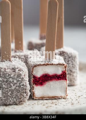 Hausgemachte raw lamington Eis springt auf hellen Hintergrund. Australische süße Nachspeise lamington mit Chia und Himbeeren Marmelade, Schokolade und Kakao. Stockfoto