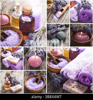 Lavendel Spa - ätherisches Öl, Seasalt, violette Handtücher und handgemachte Seife Stockfoto
