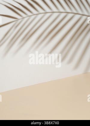 Schatten aus Palmenblättern an weißen Wänden und cremefarbenem Pastellfußboden. Abstrakter Hintergrund von Schatten Palmblatt für kreative Sommer minimal Mock-up. Neutral tropisch Stockfoto