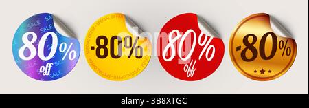 80 % Rabatt auf Etikettensatz. Sale, Special Offer, Flash Sale. Einkaufsetiketten. Gewellte Aufkleber auf weißem Hintergrund. Vektorabbildung Stock Vektor