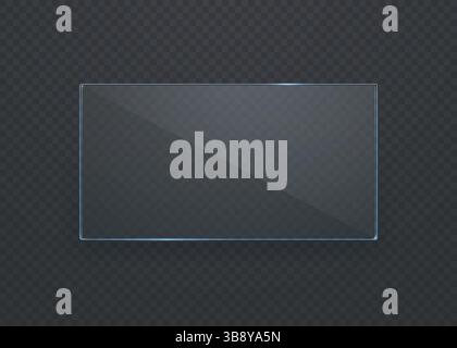 Realistisches Banner aus flachem transparentem Glas. Glas oder Spiegel auf dunklem Hintergrund. Vitrine oder Fenster aus transparentem Glas. Vektor-3D-Illustration. Stock Vektor