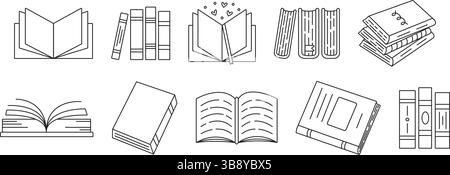 Schwarze Linie Buch-Symbol-Satz isoliert auf transparentem Hintergrund, gedruckte Produkte Vektor monochrome Zeichen in verschiedenen Variationen, zurück zur Schule einfach d Stock Vektor