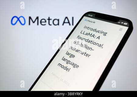 24. Februar 2023, Asuncion, Paraguay: Die Meta-Website wird auf einem Smartphone mit Meta AI-Logo angezeigt. „Als Teil von Metas Engagement für offene Wissenschaft veröffentlichen wir heute Lama (Large Language Model Meta AI), ein hochmodernes, grundlegendes, großes Sprachmodell, das Forschern helfen soll, ihre Arbeit in diesem Teilbereich der KI voranzutreiben“, sagte Meta Platforms am Freitag. (Bild: © Andre M. Chang/ZUMA Press Wire) Stockfoto