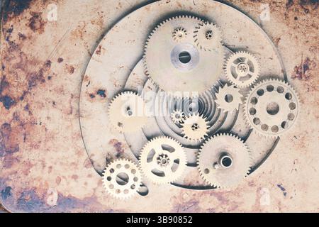 Steampunk-Hintergrund von mechanischen Uhren Details über alte Metall Hintergrund. Im Inneren der Uhr, Zahnräder Stockfoto