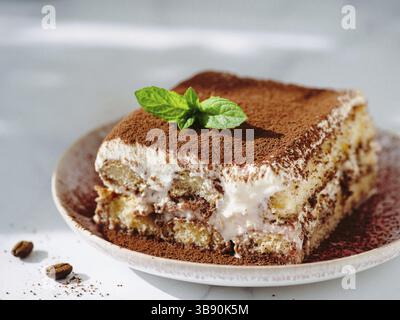 Perfekte hausgemachte Tiramisu Kuchen mit frischer Minze. Tiramisu Teil auf rosa Platte über weißem Marmor Hintergrund. Köstliche No Bake Tiramisu in natürlichen Tag Stockfoto