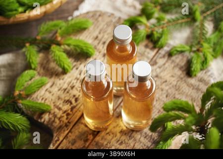 Drei Flaschen selbstgemachter Kräutersirup, hergestellt mit jungen rohen Fichtenspitzen, die im Frühjahr gesammelt werden Stockfoto
