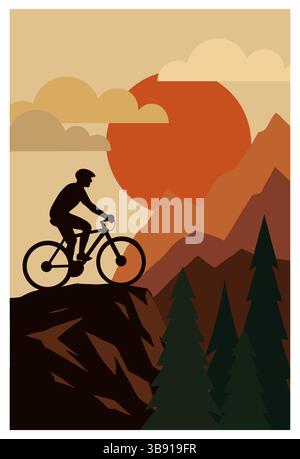 Eine auffällige Poster-Illustration zeigt eine Silhouette eines Mountainbikers auf einem felsigen Hügel mit Bergen bei Sonnenuntergang, Kiefern und auffälligem Grafikdesign. Stock Vektor
