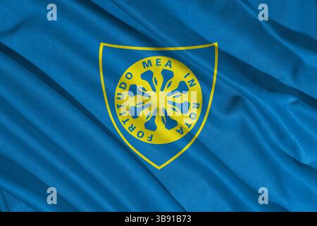 Pringsewu, Lampung, 08. Mai 2025; Hintergrundtextur des Flaggenlogos des italienischen Fußballvereins Carrarese der Serie B. 3D-Abbildung Stockfoto