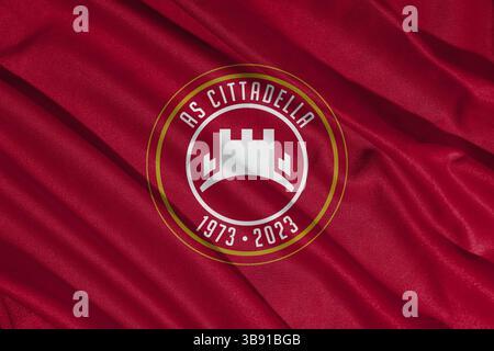 Pringsewu, Lampung, 08. Mai 2025; Hintergrund des Flaggenlogos des italienischen Fußballvereins Cittadella. 3D-Abbildung Stockfoto