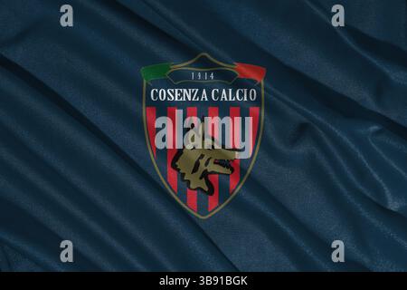 Pringsewu, Lampung, 08. Mai 2025; Hintergrundtextur des Flaggenlogos des italienischen Fußballvereins Cosenza der Serie B. 3D-Abbildung Stockfoto