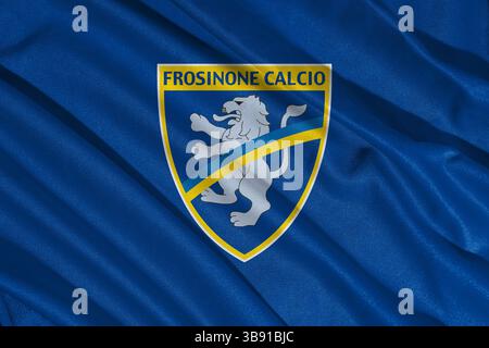 Pringsewu, Lampung, 08. Mai 2025; Hintergrund des Flaggenlogos des italienischen Fußballvereins Frosinone. 3D-Abbildung Stockfoto