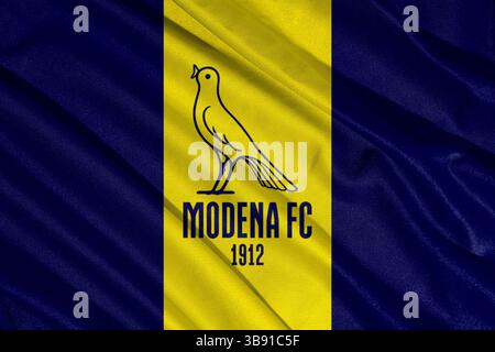 Pringsewu, Lampung, 08. Mai 2025; Hintergrundtextur des Flaggenlogos des italienischen Fußballvereins Modena der Serie B. 3D-Abbildung Stockfoto