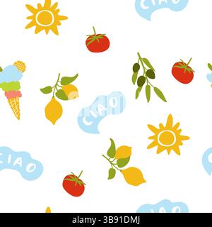 Nahtloses Sommermuster. Italienische Küche mit Eiscreme, Tomaten, Zitronen und Oliven. Stock Vektor