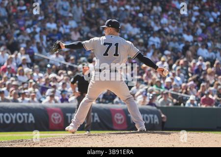 16. Juli 2023 der New Yorker Pitcher Ian Hamilton (71) wirft während des Spiels mit den New York Yankees und den Colorado Rockies im Coors Field in Denver Co. David Seelig/Cal Sport Medi (Bild: © David Seelig / Cal Sport Media/CSM via ZUMA Press Wire) Stockfoto
