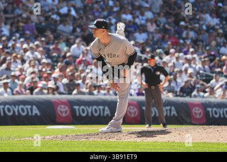 16. Juli 2023 der New Yorker Pitcher Ian Hamilton (71) wirft während des Spiels mit den New York Yankees und den Colorado Rockies im Coors Field in Denver Co. David Seelig/Cal Sport Medi (Bild: © David Seelig / Cal Sport Media/CSM via ZUMA Press Wire) Stockfoto