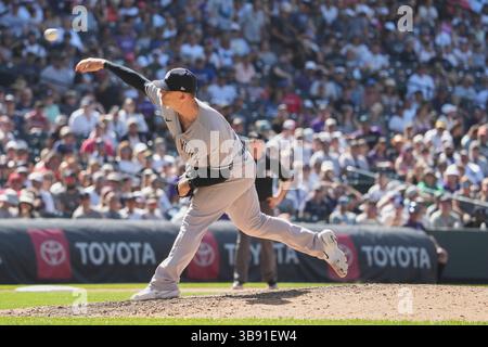 16. Juli 2023 der New Yorker Pitcher Ian Hamilton (71) wirft während des Spiels mit den New York Yankees und den Colorado Rockies im Coors Field in Denver Co. David Seelig/Cal Sport Medi (Bild: © David Seelig / Cal Sport Media/CSM via ZUMA Press Wire) Stockfoto