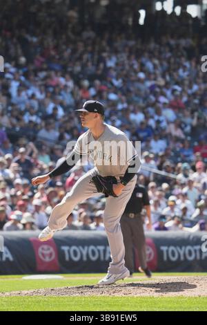 16. Juli 2023 der New Yorker Pitcher Ian Hamilton (71) wirft während des Spiels mit den New York Yankees und den Colorado Rockies im Coors Field in Denver Co. David Seelig/Cal Sport Medi (Bild: © David Seelig / Cal Sport Media/CSM via ZUMA Press Wire) Stockfoto