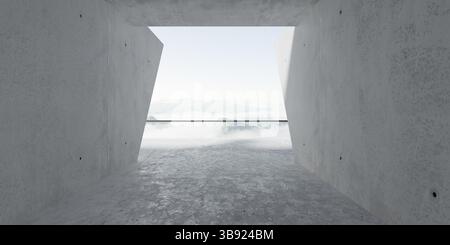 Abstrakter leerer, moderner Betonraum mit Balkon, der sich zu bewölktem Blick auf die Berge öffnet, rauer Boden - Hintergrundvorlage für den industriellen Innenraum, 3D-Beleuchtung Stockfoto