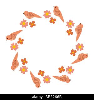 Romantischer Kranz mit Vogel und einfachen kleinen Blumen. Rosenkranz zur Einladung. Stock Vektor