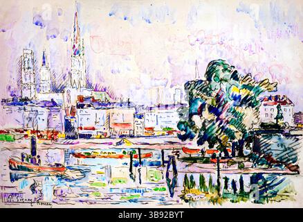 Paul Signacs „Rouen“ – ein leuchtender neo-impressionistischer Druck des Flusses seine und des Stadtbildes von Rouen, Frankreich. Hochauflösendes, gemeinfreies Kunstwerk f Stockfoto