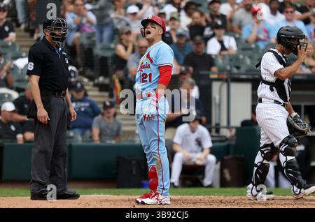8. Juli 2023, Chicago, IL: Lars Nootbaar (21) der St. Louis Cardinals spricht seine Missbilligung aus, nachdem er am Samstag, den 8. Juli 2023, in Chicago im achten Inning gegen die Chicago White Sox im garantierten Rate Field bei Streiks von Heimsiegler Lance Barrett ausgerufen wurde. (Foto: © John J. Kim/Chicago Tribune via ZUMA Press Wire) Stockfoto