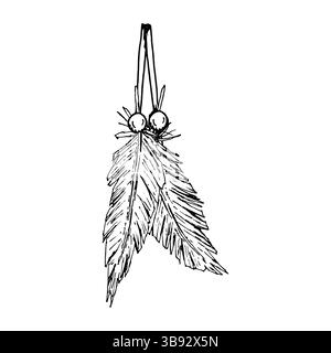 Hand gezeichnete Vektorillustration von zwei dekorativen Federn mit Perlen, in schwarz und weiß. Geeignet für Textildrucke, Boho-Accessoires, handgefertigt Stock Vektor