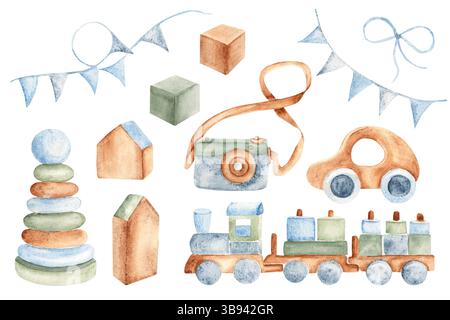 Holzspielzeug-Set. Auto, Kamera, Zug und Würfel und Pyramide. Blaue Boy Party Flaggen. Aquarell handgezeichnete Kinderillustration im Vintage-Stil Stockfoto