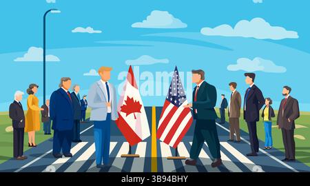 Handelskrieg Kanada USA Zölle Verhandlung Geschäftsführer Konfrontationsflaggen Outdoor Treffen Blue Sky diplomatischen Konflikt Stock Vektor
