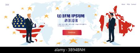Handelskrieg Vereinigte Staaten Kanada Zölle Kriegshändler stehen auf USA und Kanada Flaggenkarte Silhouetten Weltkarte Hintergrund Sterne Website Banner Stock Vektor