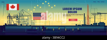 Handelskrieg Kanada Vereinigte Staaten Ölindustrie Zölle Krieg industrielle Baustelle Flaggen Bohranlagen Pipelines abstrakter Hintergrund Website Header Stock Vektor