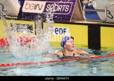 11. Juni 2023, Rennes, Bretagne, Frankreich: CHARLOTTE BONNET von Frankreich reagiert auf den Sieg des Finales der schwimmenden Frauen 200 m Medley am 1. Tag der französischen Meisterschaft 2023 in Rennes (Foto: © Mickael Chavet/ZUMA Press Wire) Stockfoto