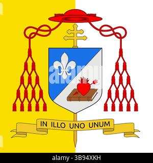 Wappen von Kardinal Robert Francis Prevost, USA, auf dem Hintergrund der Flagge des Heiligen Stuhls Stock Vektor